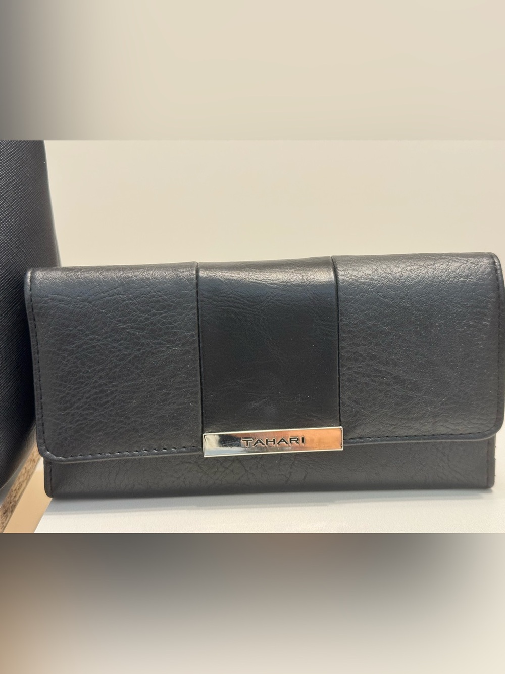 Tahari Black Leather Logo Clutch Wallet